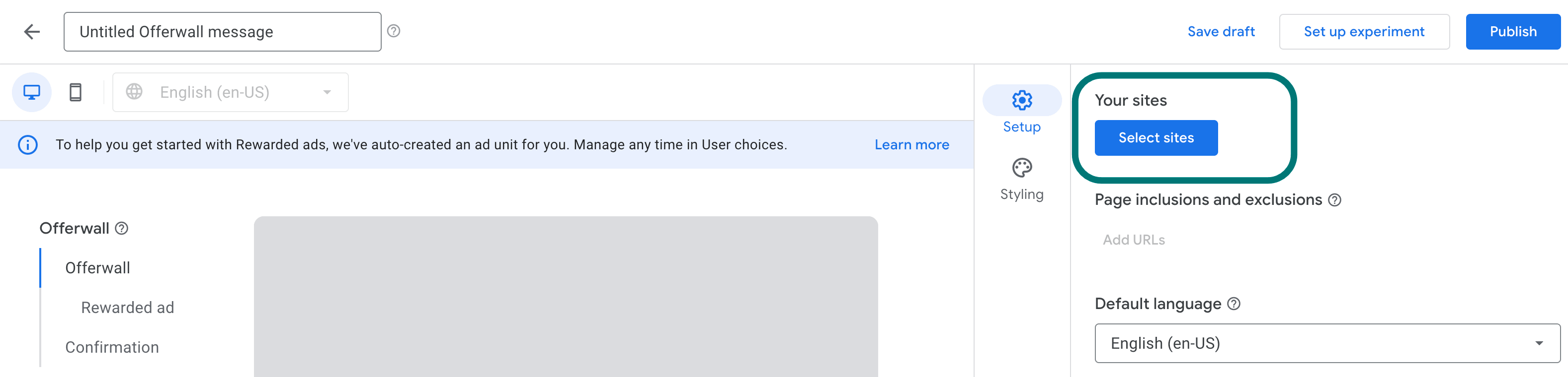 Offerwall message creation screen with Select sites button highlighted