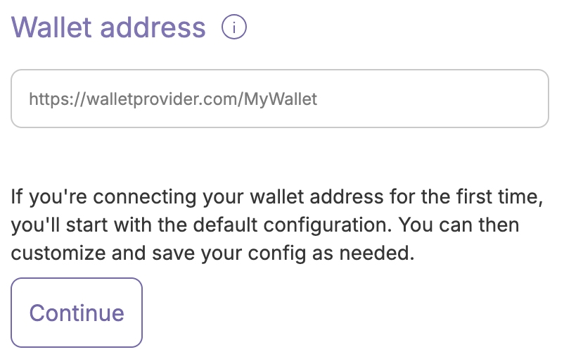 Blank wallet address field and continue button